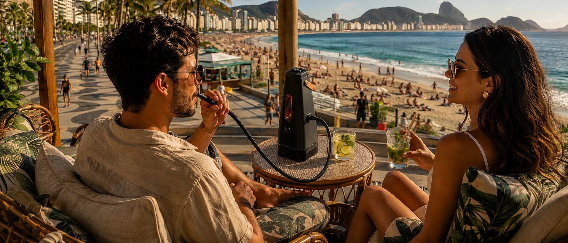 AirVape ENSO em uma varanda com vista para Copacabana