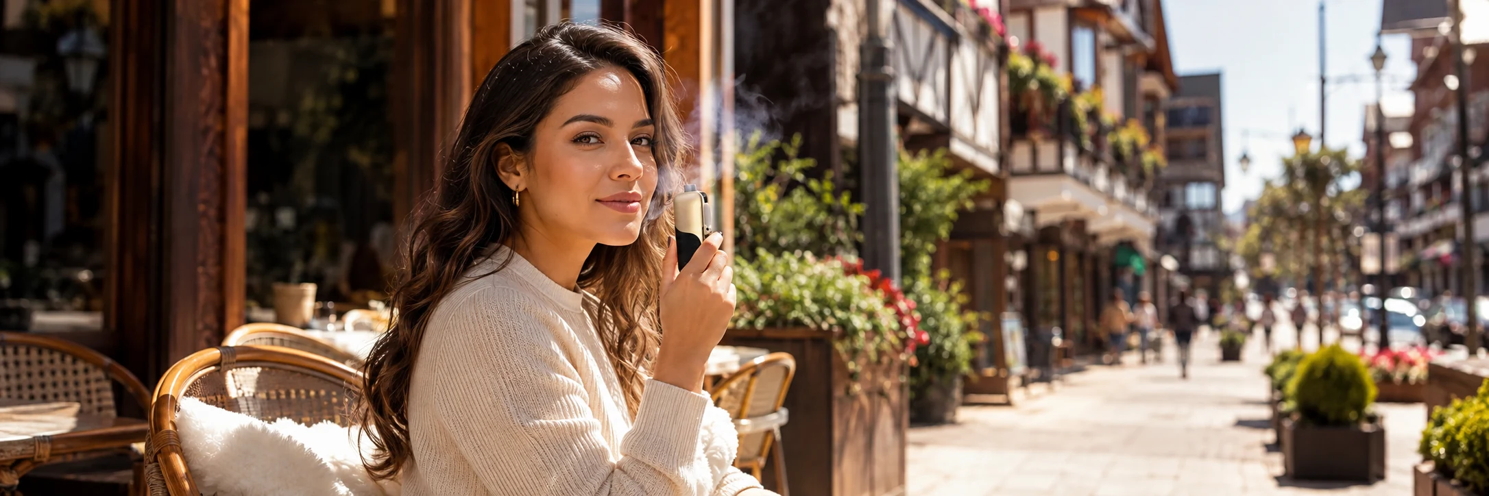 Mulher com o vaporizador AirVape Legacy Core em um café