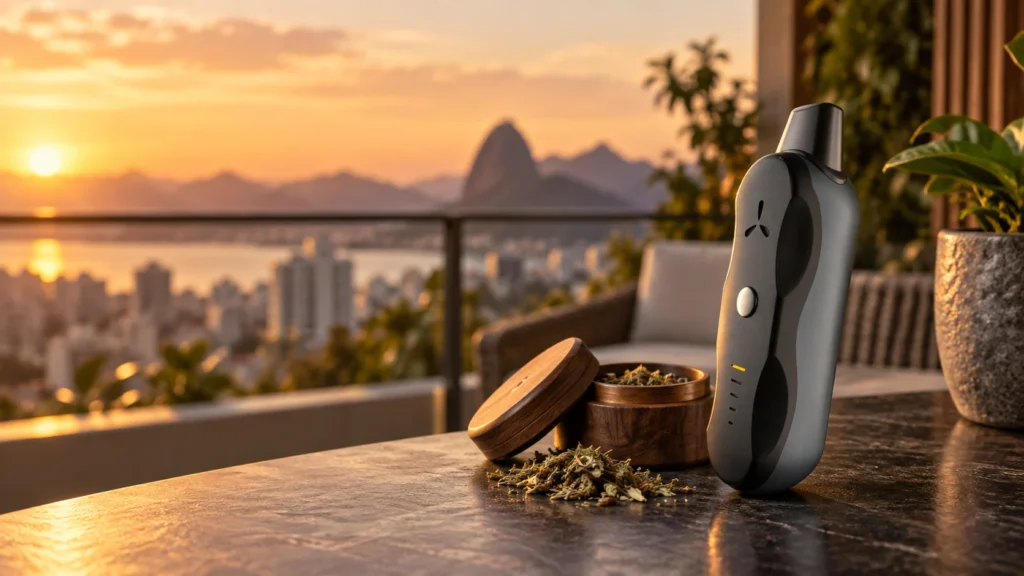 AirVape XS GO ao lado de triturador de madeira em uma bancada