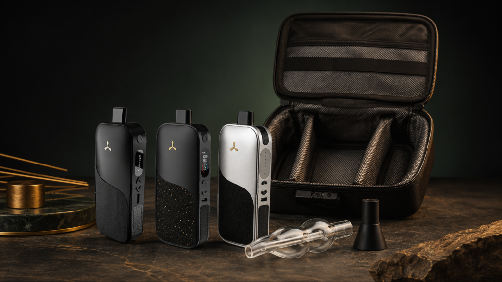 AirVape Legacy PRO, PRO 2 e CORE ao lado de estojo e borbulhador