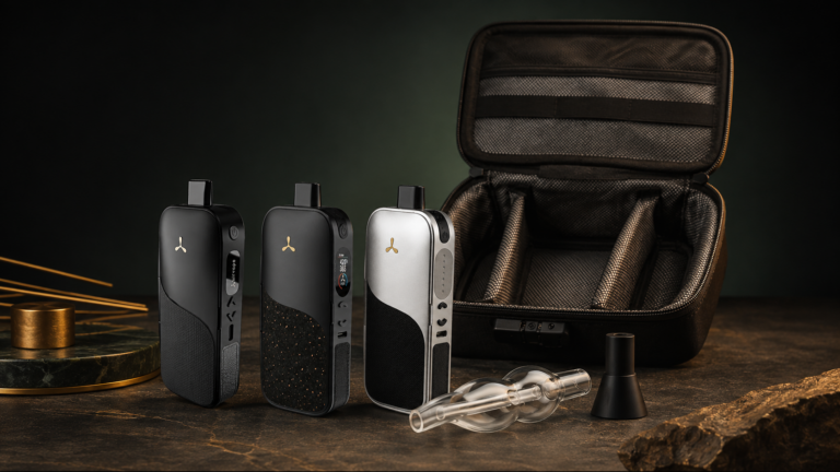 AirVape Legacy PRO, PRO 2 e CORE ao lado de estojo e borbulhador
