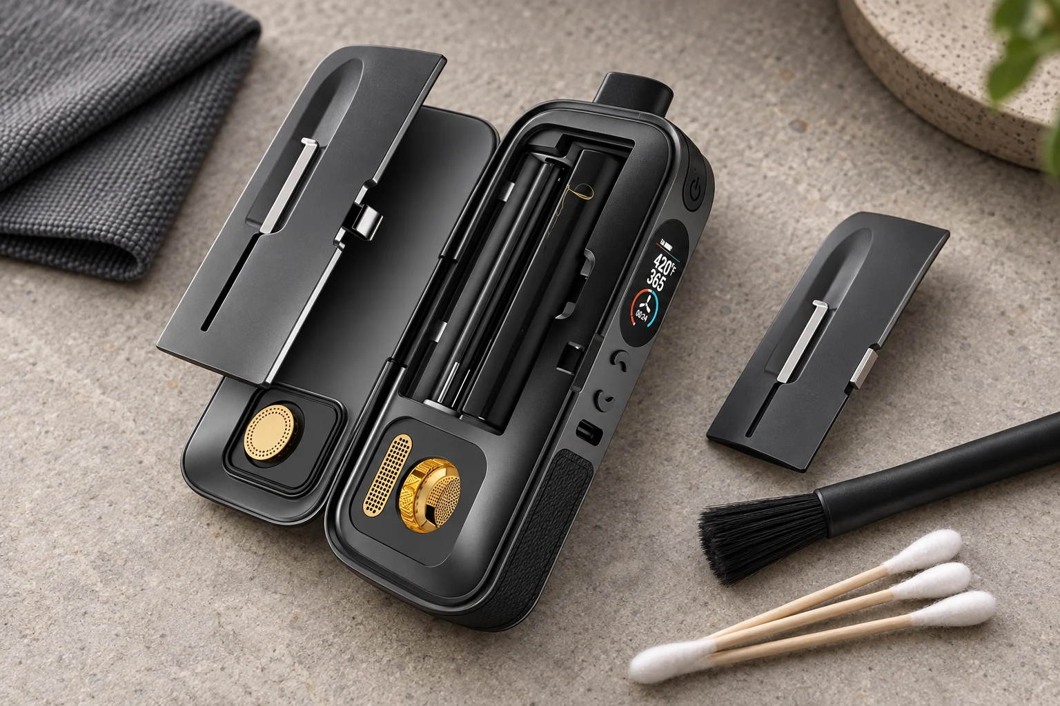 AirVape Legacy Pro 2 aberto ao lado de escova e cotonetes para limpeza